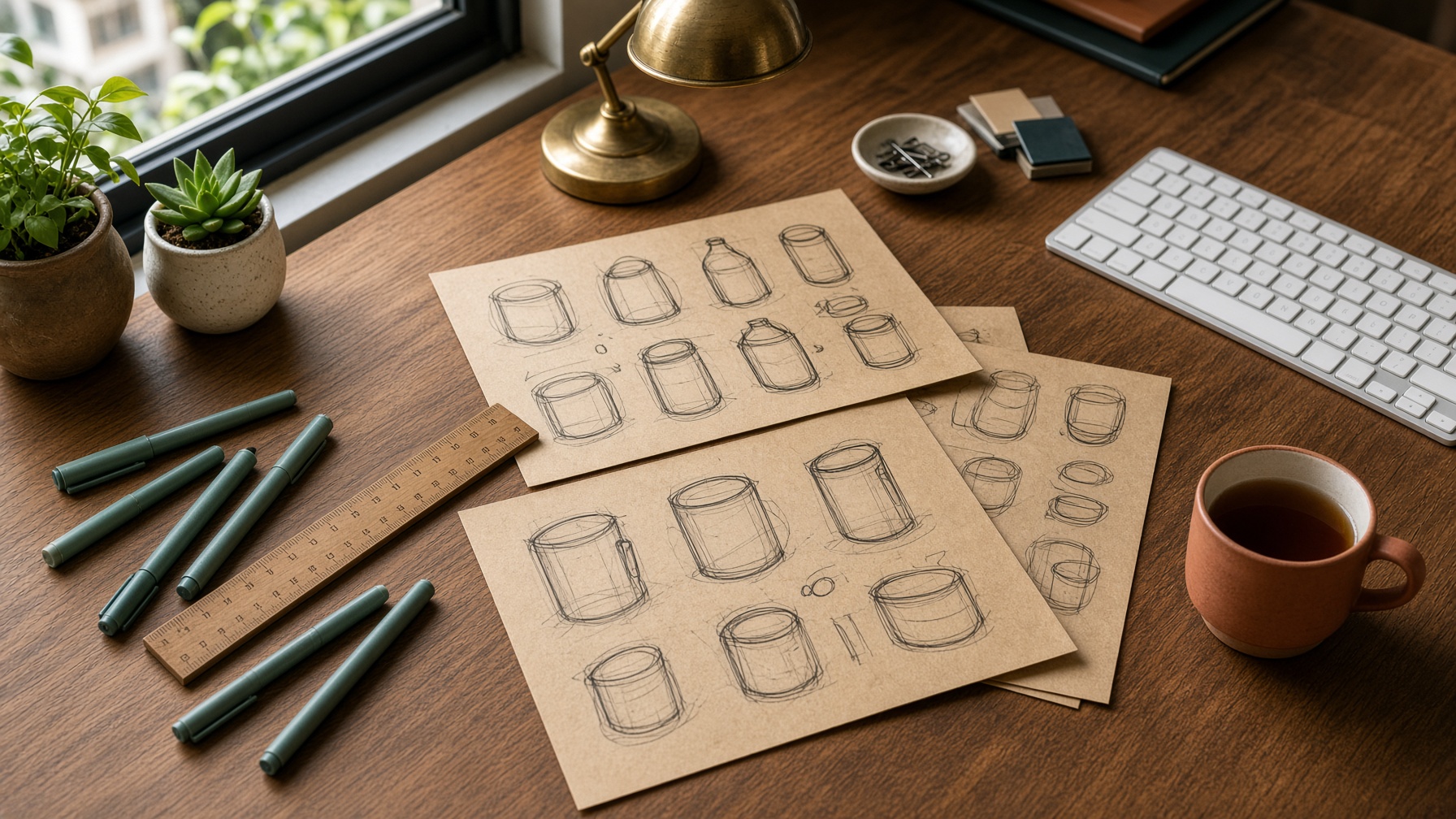 Product workbench with kraft sketches, wood, and warm daylight